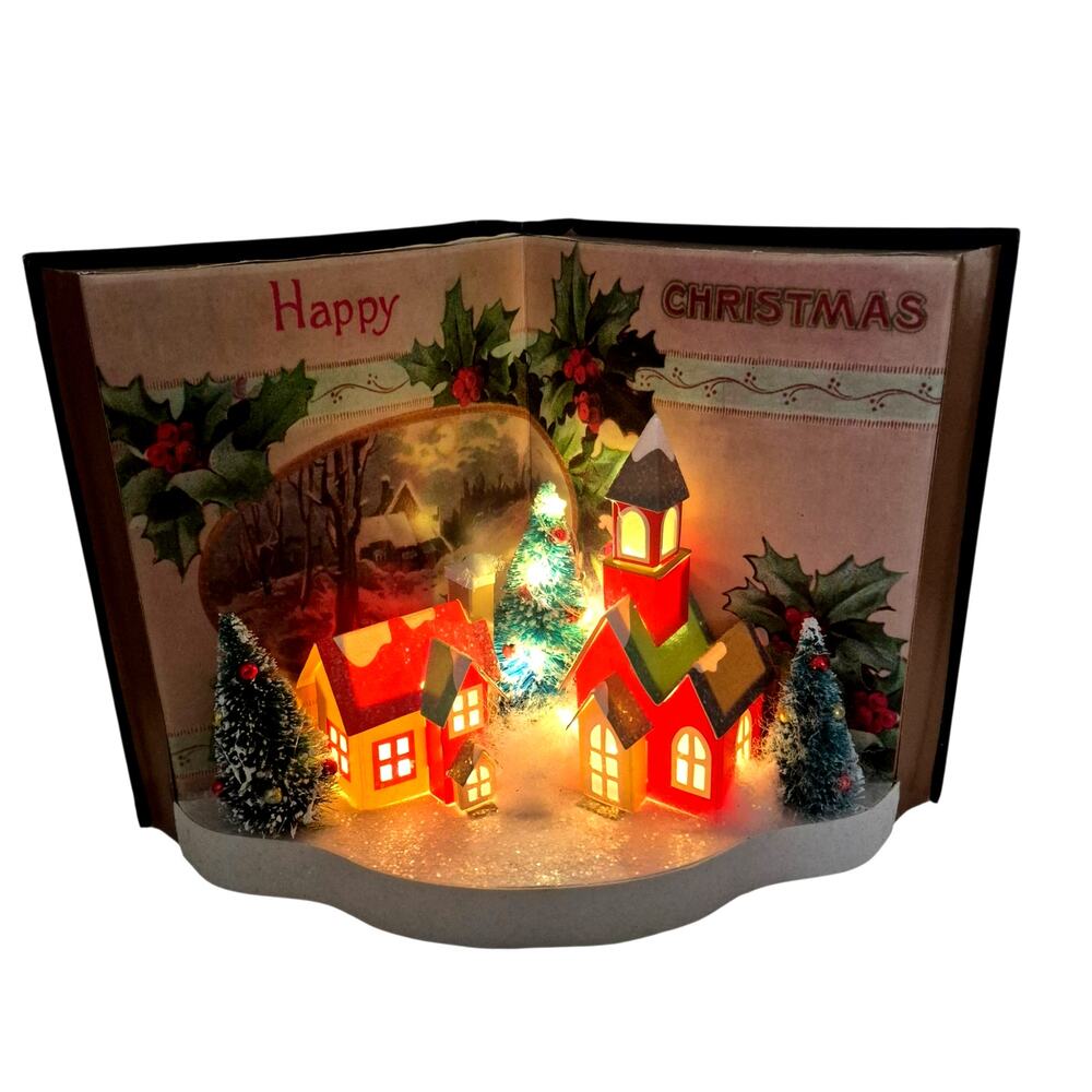 Vintage 3D Lighted Putz Christmas Village Scene Pop-Up Display 8 x 11.5